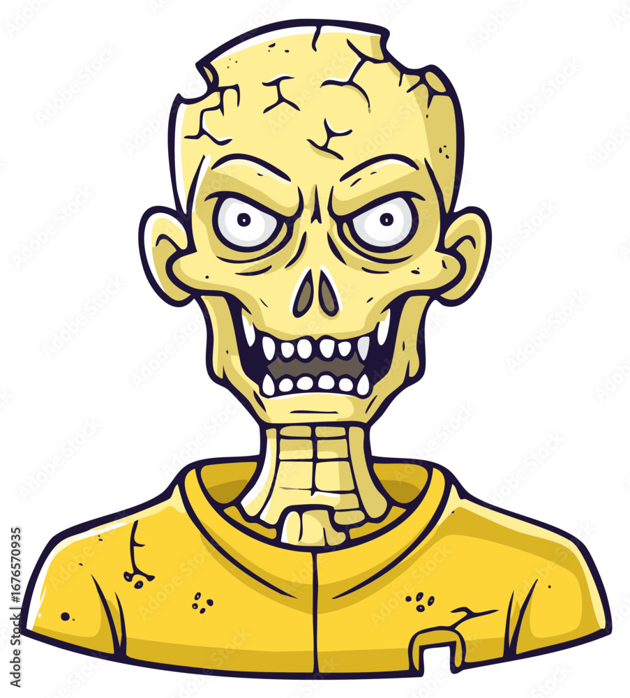 Fototapeta premium Cartoon Undead Character with Cracked Skull and Yellow Clothing for Halloween Design Element