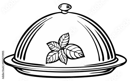 Food cloche with basil leaves black and white line art for restaurant icon, logo, or illustration
