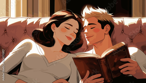Couple enjoying a cozy moment reading a book together on a comfortable sofa