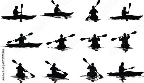 Kayak silhouette, paddling activity, canoe sport, water adventure, rowing exercise, kayaking vector, outdoor recreation, fitness lifestyle, river journey, summer illustration