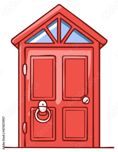 Cartoon illustration of a red door with triangular window on top, handle, knocker, and frame