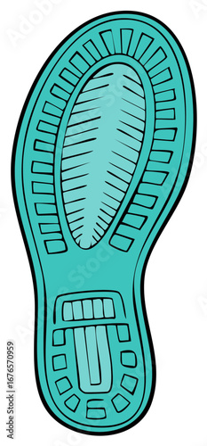 Hand drawn vector illustration of a single turquoise shoe sole print.