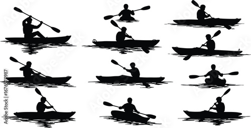 Kayak silhouette, people paddling, canoeing sport, water adventure, kayaking illustration, outdoor activity, rowing vector, river journey, summer recreation, fitness exercise