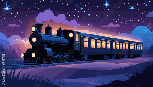 Vintage steam train traveling at night with glowing windows beneath a starry sky