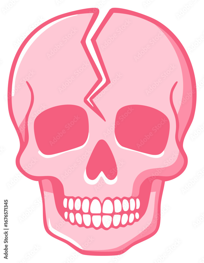 Fototapeta premium Pink Cracked Skull Illustration With Jagged Line Down Middle