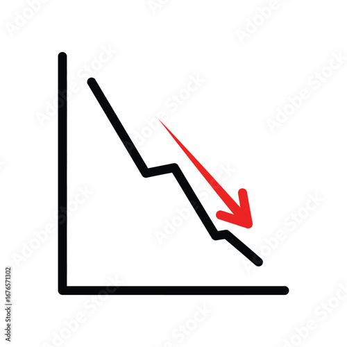 Economic Decline: A simple yet impactful visual of a declining trend depicted by a downward-sloping graph and arrow, symbolizing economic downturn and financial decrease. 