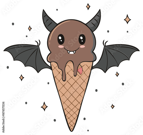 Cute Kawaii Chocolate Bat Ice Cream Cone with Wings and Horns