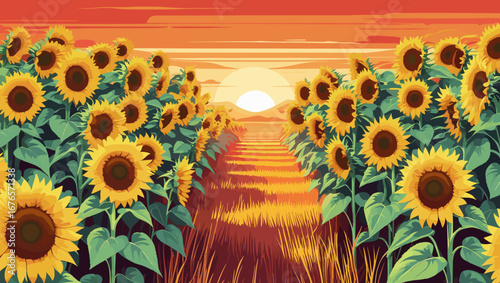 Field of sunflowers under sunset with vibrant colors creating a warm and cheerful atmosphere