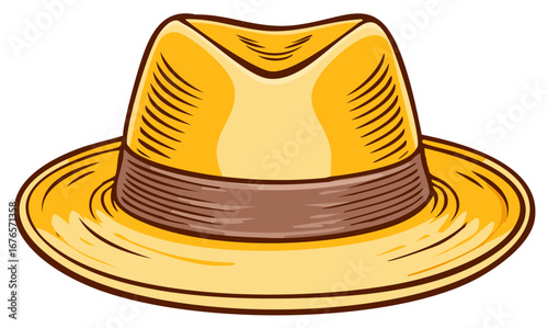 Stylish yellow fedora hat illustration with brown band vintage design