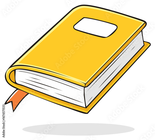Cartoon yellow book with bookmark for studying and reading, vector illustration