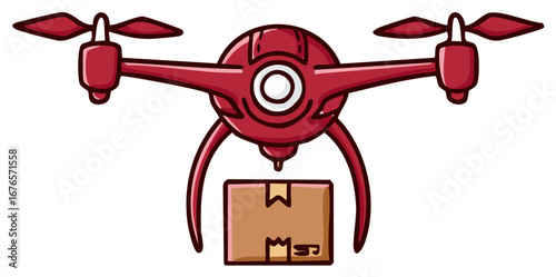 Modern red drone flying with a delivery box for fast aerial shipping service illustration