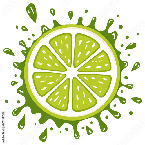 Vibrant lime fruit slice bursting with a dynamic green juice splash illustration