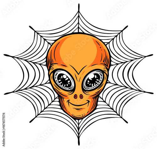 Friendly orange alien head smiles in front of a spooky spider web design