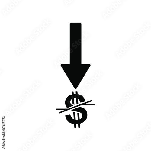 Financial Decline Concept: An arrow points downward, intersecting with a crossed-out dollar sign, symbolizing economic downturn and financial loss.