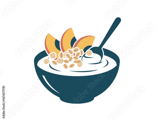 Healthy food symbol. Crunchy oat clusters with peach and yogurt make for a great breakfast. Excellent health care quality. Dash diet concept. Filled flat icon.