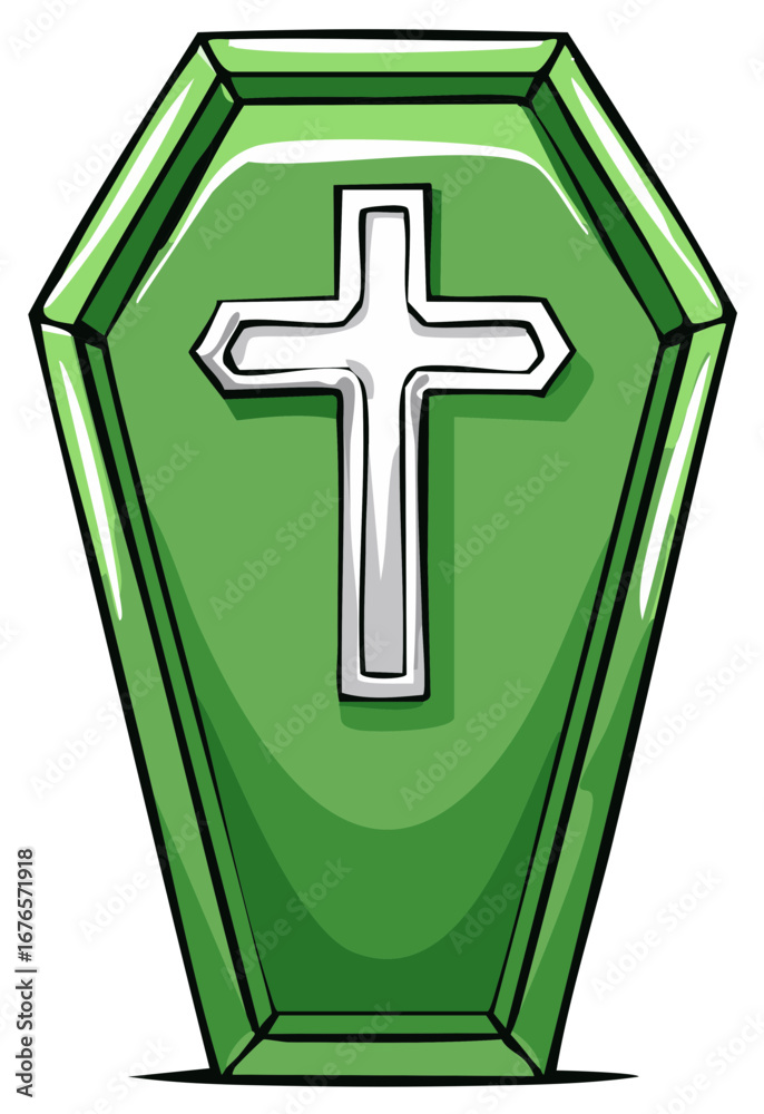 Obraz premium Green coffin with a white cross symbol for resting in peace or burial in cemetery, painted with artistic hand drawn style