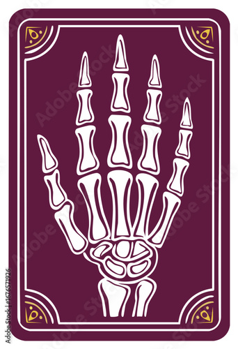 Illustration of a white skeletal hand on a maroon card with decorative gold corners.