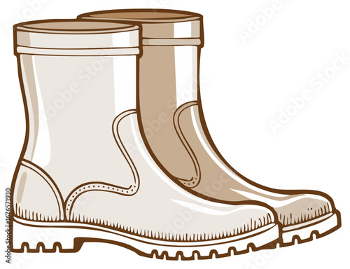 Pair of tan rubber boots illustration protective footwear for all season weather isolated