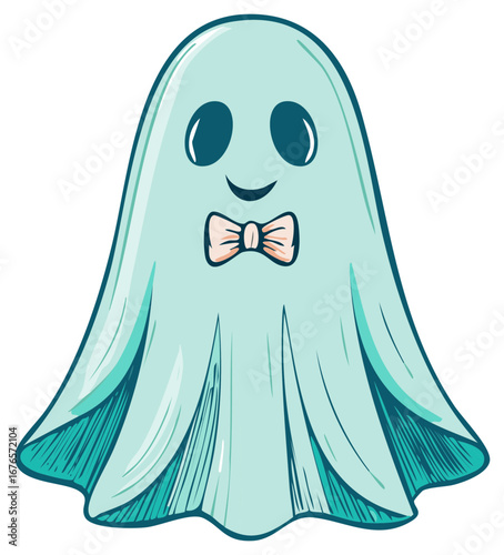 Friendly cartoon ghost wearing a pink bow tie and light blue sheet
