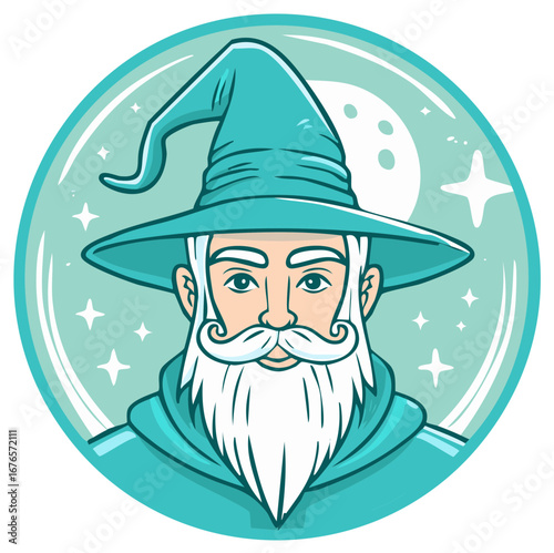 Mystical bearded wizard character wearing a pointed hat within a magical circular frame