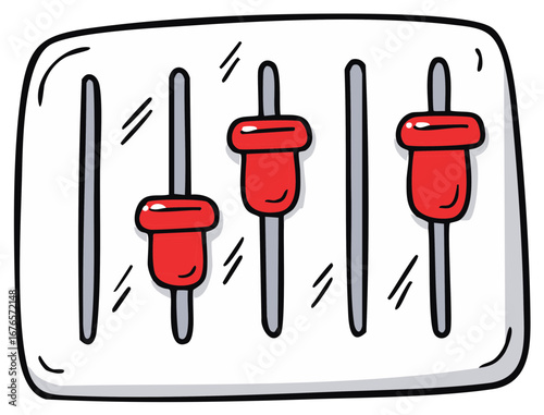 Cartoon Illustration of an Audio Sound Mixer with Red Knobs and Sliders, Studio Equipment