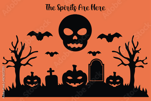 Spooky black Halloween landscape with bats, skull, gravestones, bare trees and pumpkins on orange