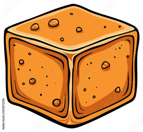 Cartoon-style illustration of a cube-shaped dessert with dots and bubbles, orange color