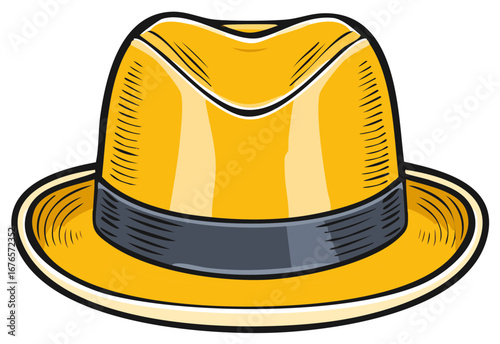 Cartoon Style Yellow Fedora Hat With Dark Gray Band On White, Dress Accessory