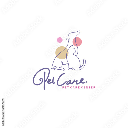 Pet Care Logo Vector with Dog and Cat Outline Design for Veterinary, Clinic, and Animal Center