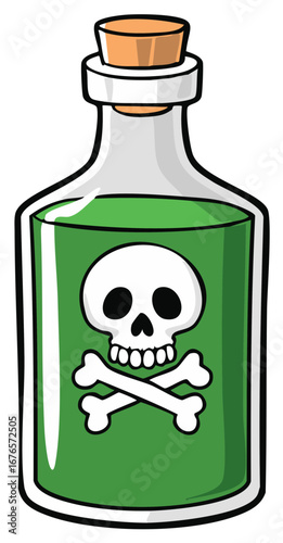 Cartoon bottle of green liquid poison with skull and crossbones warning, graphic hazard container