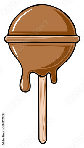 Cartoon chocolate lollipop with dripping melted caramel candy on stick