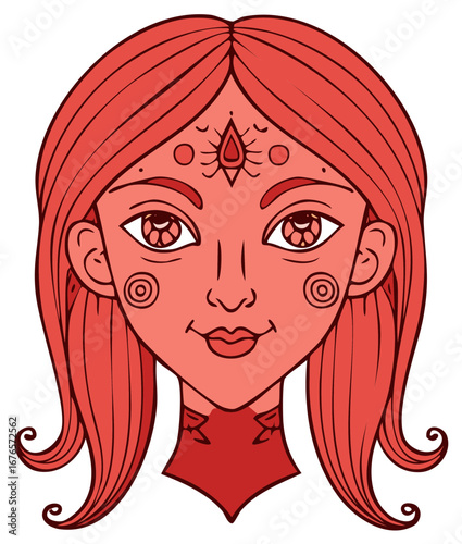 Red-haired female face illustration with decorative markings