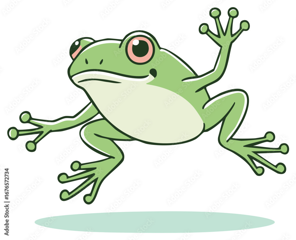 Obraz premium Cute cartoon frog jumping with webbed feet and big eyes on white background