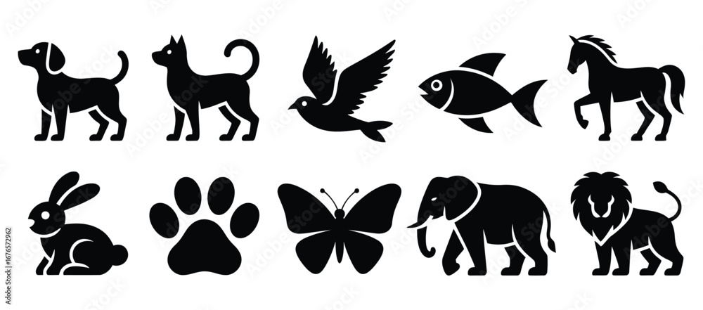 Naklejka premium Set of black animal silhouette icons including dog, cat, bird, fish, horse, rabbit, paw print, butterfly, elephant, and lion