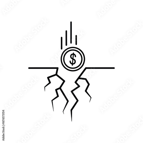 Economic Decline Icon: A visual representation of economic downturn, with a coin plummeting into a chasm, symbolizing financial instability and the fragility of the economy.