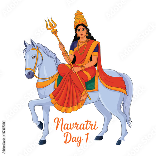 Illustration of goddess Durga riding a white horse with trident on Navratri Day 1, adorned in traditional attire, crown, and jewelry