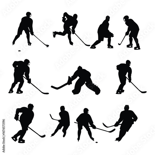 Canvas Print Silhouette Set of Ice Hockey Players in Action