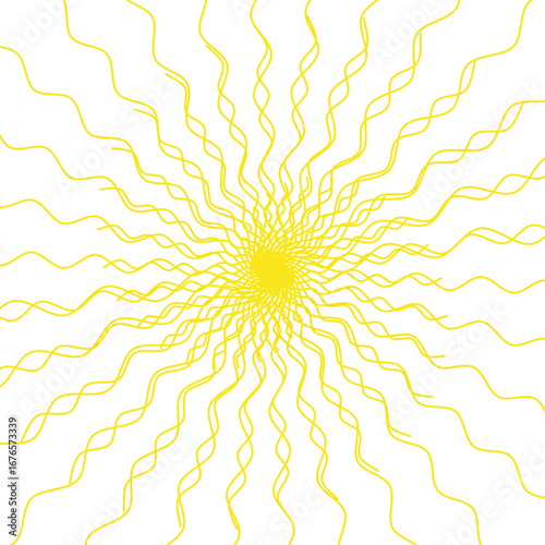 Radiant yellow sunburst with wavy, flowing rays on white — cheerful, energetic, and perfect for summer, creative, or spiritual designs with warm, rhythmic motion.