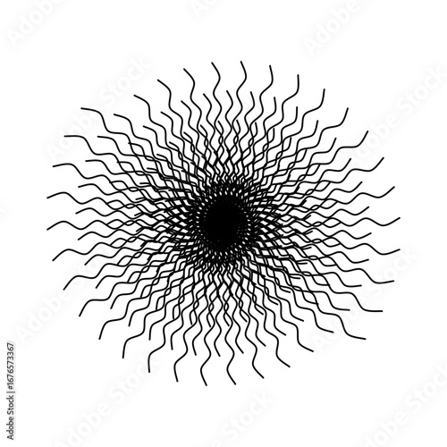 Hypnotic black sunburst with wavy, radiating lines on white — bold, abstract, and perfect for modern, artistic, or dramatic designs with striking, rhythmic energy.