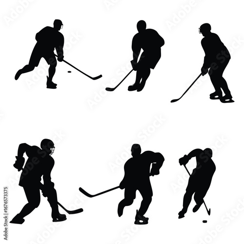 Canvas Print Silhouette Set of Ice Hockey Players in Action