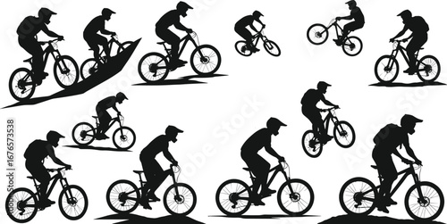 Mountain biking, cycling sport, downhill riders, extreme adventure, bicycle silhouette, outdoor trail riding, freestyle tricks, off-road cycling, active lifestyle, adventure illustration