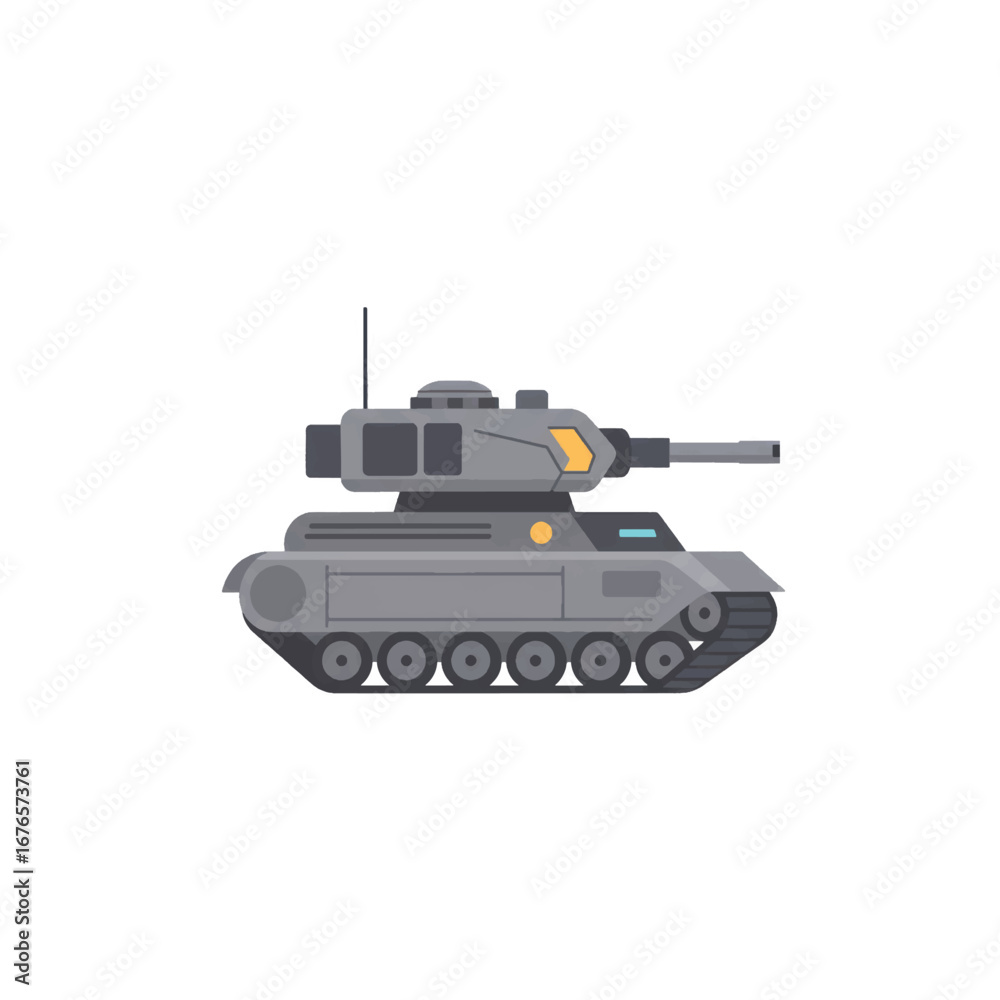 Fototapeta premium Modern grey military tank with a turret and cannon depicted in a flat stylized illustration from a side view.