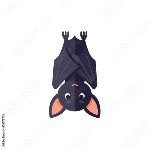 Cute cartoon bat hanging upside down a stylized flat design character with large pink ears and folded wings.