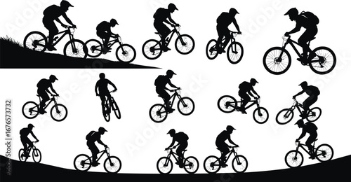 Mountain biking silhouette, cycling sport, downhill riders, extreme adventure, outdoor bicycle stunt, freestyle tricks, off-road cycling, trail riding, active lifestyle, adventure