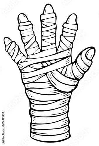 Creepy cartoon mummy hand wrapped in white bandages an eerie Halloween monster illustration