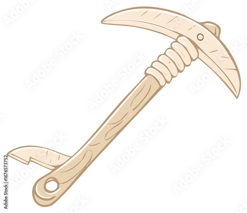 Antique wooden pickaxe with curved head and spiked end for digging and mining
