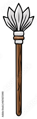 Stylized wooden staff with a fan of white leaves at the top and brown bands