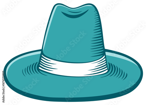 Stylish teal fedora hat with a white band. Classic fashion accessory illustration in flat cartoon style.
