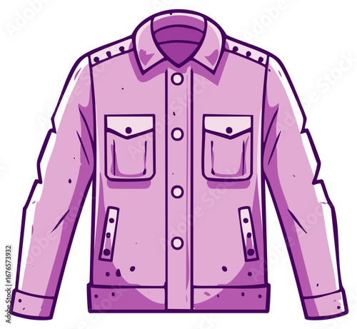 Illustration of a light purple button-up shirt with flap pockets and embellishments on the shoulders