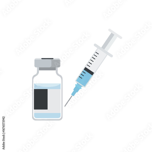 Medical syringe with a sharp needle and a glass vial of blue vaccine for immunization a flat vector illustration.